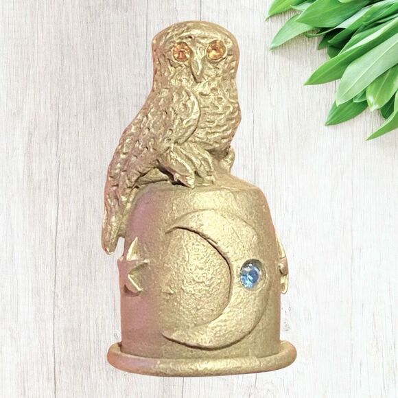 Pewter Sewing Thimble Owl Moon Rhinestone - Picture 1 of 5